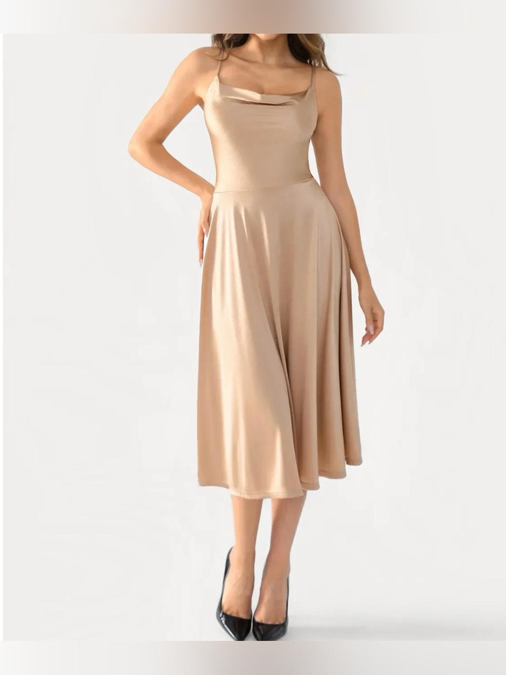 Popilush Satin Cowl Neck Midi Dress in Champagne size XXL